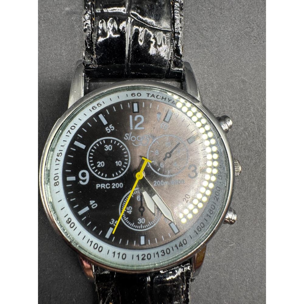 Vintage Sloggi Analog Watch PRC 200 Chronograph 37mm Black Dial Leather Strap